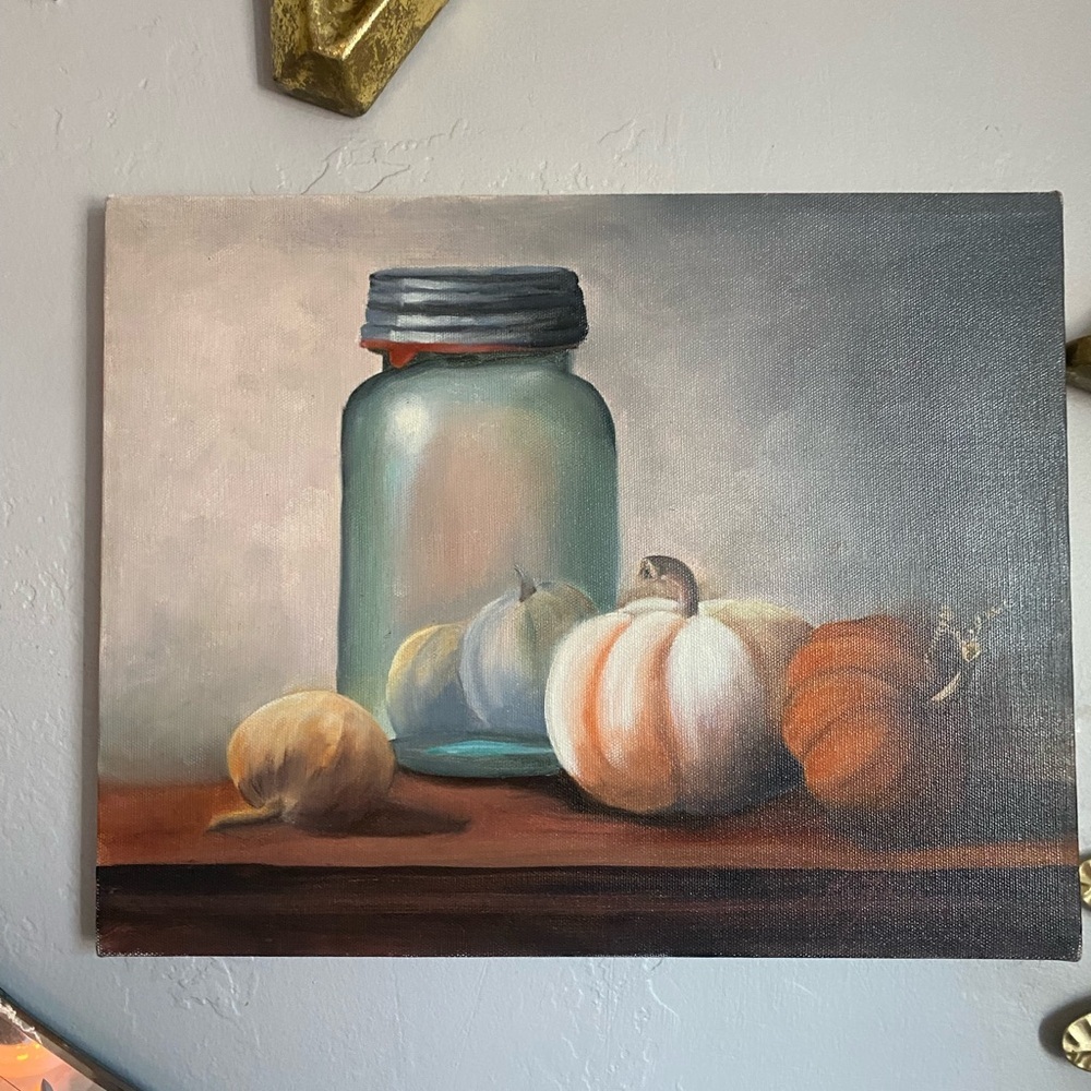 Rustic Handmade Still Life Art Painting with Pumpkins and Mason Jar Fall Decor